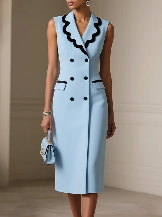 Light Blue Piping Blazer Lapel Collar Sleeveless Sheath Midi Dress