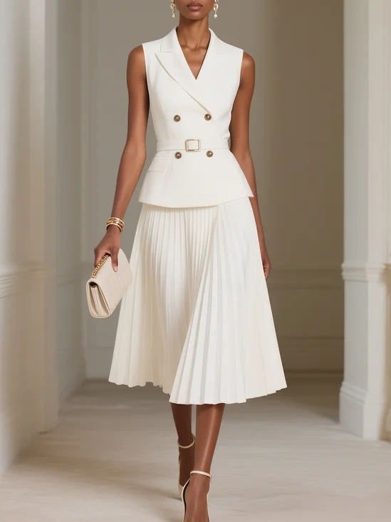Women White Pleated Buckle Lapel Collar Sleeveless Two-Piece Set