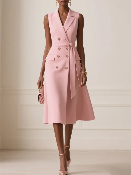 Pink Buckle Blazer Lapel Collar Sleeveless A-Line Midi Dress