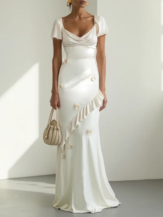 Off White Ruffled 3D Floral Satin Cowl Neck Short Sleeve Mermaid Gown Dress