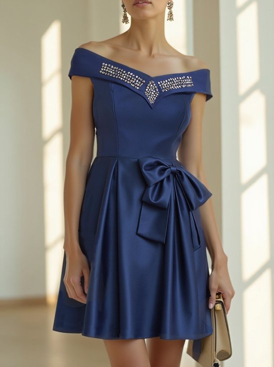 Navy Blue Hot Drilling Bow Satin Off The Shoulder Short Sleeve A-Line Mini Dress