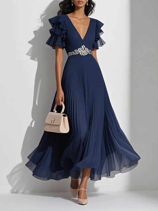 Pink Pleated Rhinestone Chiffon V Neck Short Sleeve Ruffle Sleeve A-Line Maxi Dress