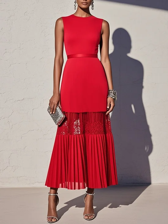 Red Lace Classic Crew Neck Sleeveless A-Line Maxi Dress