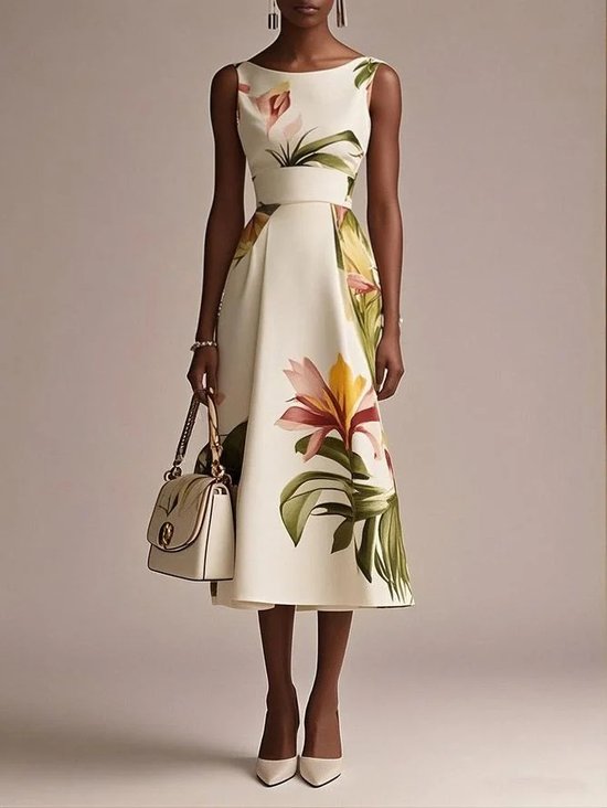 Beige Floral Boat Neck Sleeveless A-Line Midi Dress
