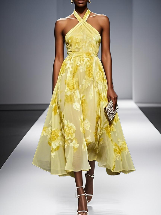 Yellow  Floral Chiffon Halter Sleeveless A-Line Midi Dress