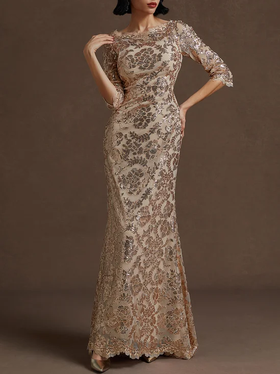 Rose Gold Sequin Crew Neck Three Quarter Sleeve Sheath Gown