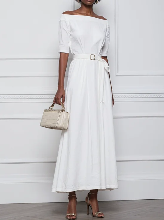 White Linen Off The Shoulder Half Sleeve A-Line Maxi Dress