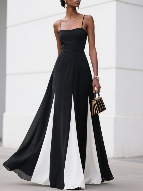 Black Chiffon Spaghetti Gallus A-Line Maxi Dress