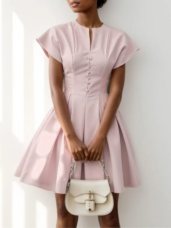Pink Buckle Classic Notched Cap Sleeve A-Line Mini Dress