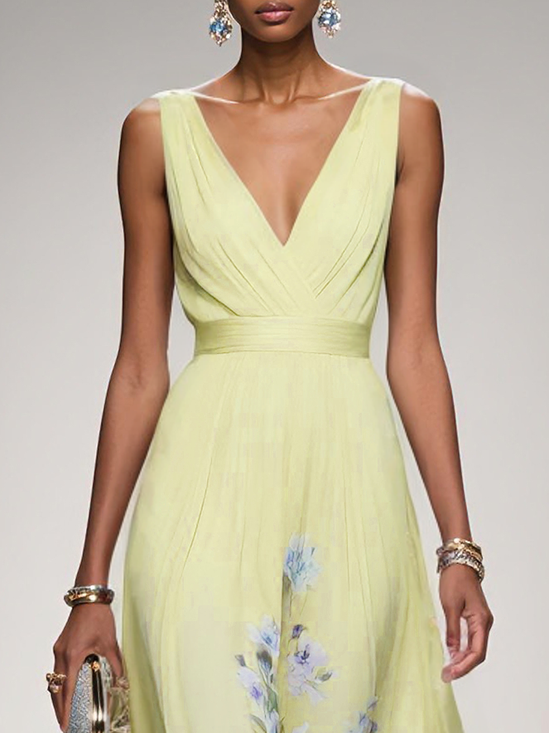 Pink Floral Chiffon V Neck Sleeveless A-Line Maxi Dress