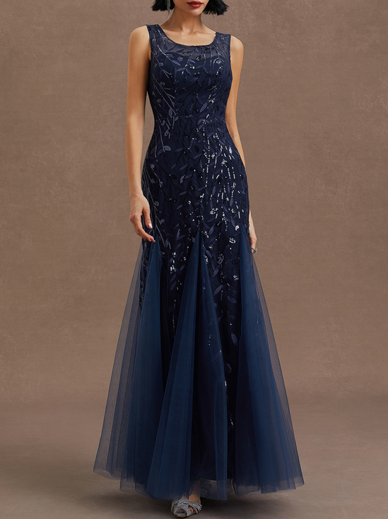 Purplish Blue Sequin Crew Neck Sleeveless Sheath Maxi Dress