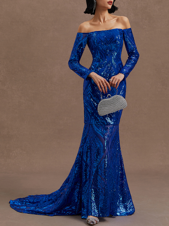 Royal Blue Sequin Dress Off The Shoulder Long Sleeve Mermaid Gown
