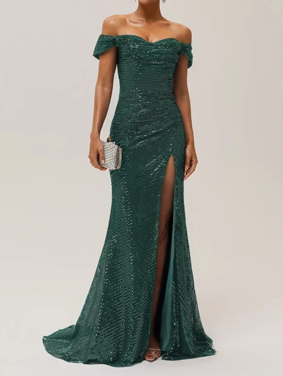 Blue Ruched Slit Sequin Off The Shoulder Short Sleeve Sheath Gown