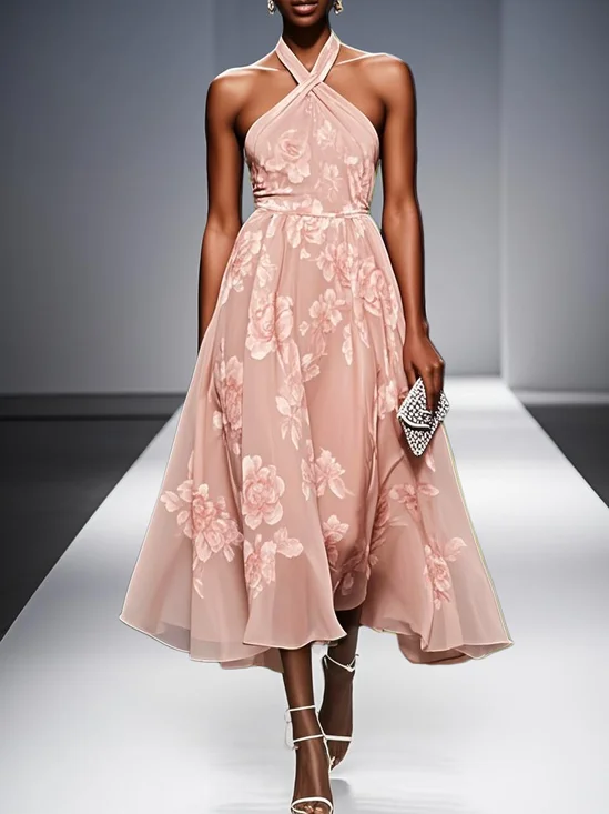 Yellow Floral Chiffon Halter Sleeveless A-Line Midi Dress