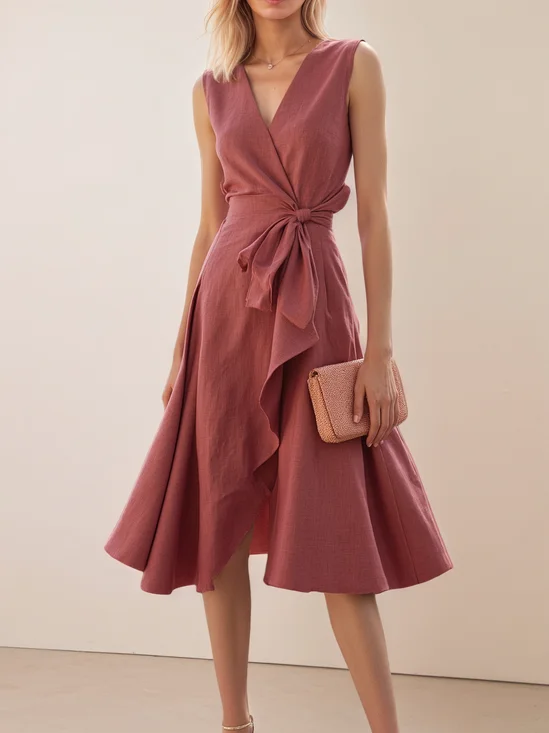 Red Bow Wrap Dress V Neck Linen Sleeveless A-Line Midi Dress