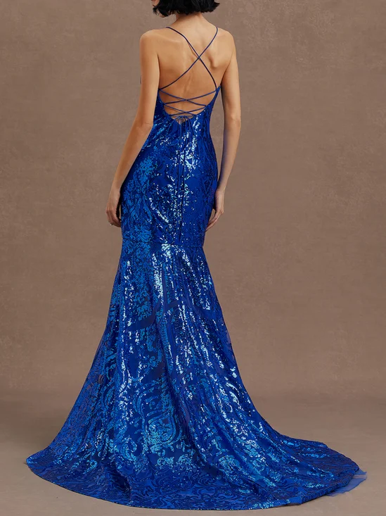 Royal Blue Sequin Dress Spaghetti Sleeveless Mermaid Gown