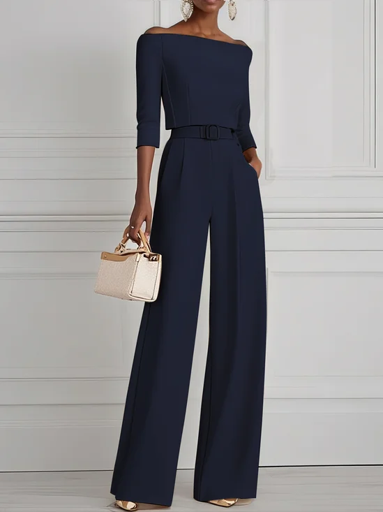 Women Purplish blue Off The Shoulder Half Sleeve Dressy Jumpsuit