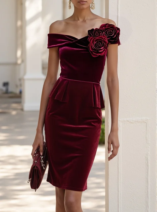 Wine Red 3D Floral Peplum Velvet Off The Shoulder Short Sleeve Sheath Midi Dress