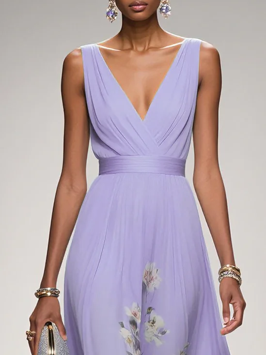 Pink Floral Chiffon V Neck Sleeveless A-Line Maxi Dress