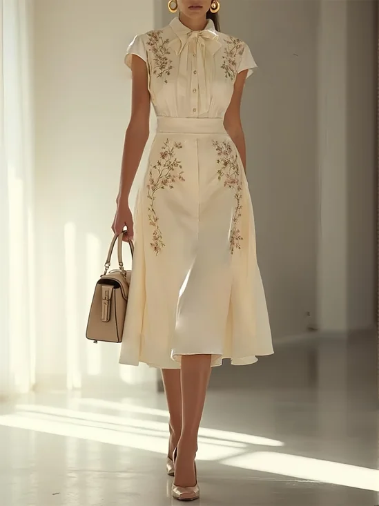 Apricot Embroidery Bow Classic Shawl Collar Cap Sleeve A-Line Midi Dress
