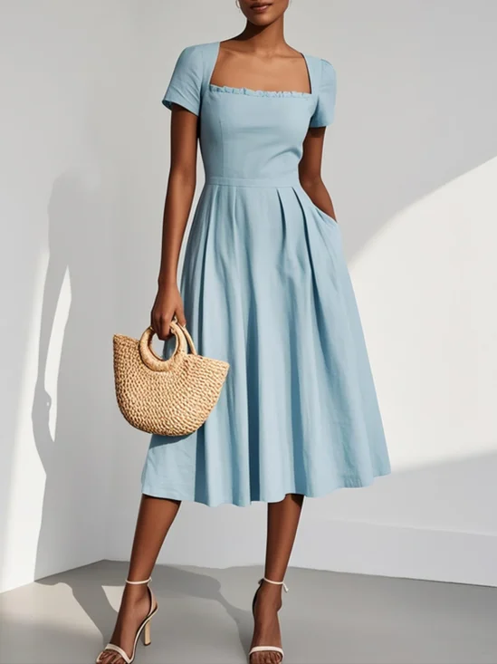 Light Blue Linen Square Neck Short Sleeve A-Line Midi Dress