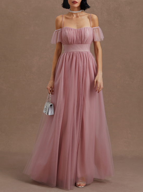 Pink Classic Off The Shoulder Short Sleeve Off Shoulder Sleeve A-Line Maxi Dress
