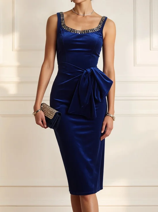 Blue Hot Drilling Bow Velvet Crew Neck Sleeveless Sheath Midi Dress