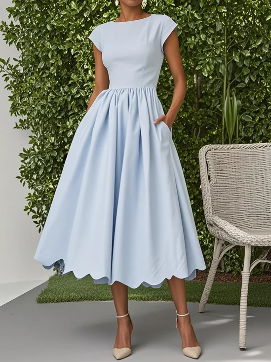 Light Blue Linen Boat Neck Cap Sleeve A-Line Midi Dress