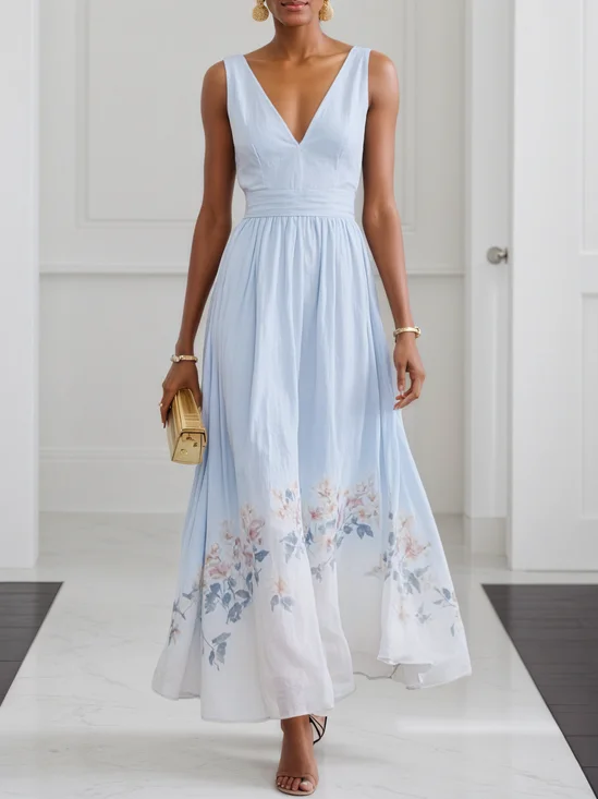 Light Blue Floral Linen V Neck Sleeveless A-Line Maxi Dress