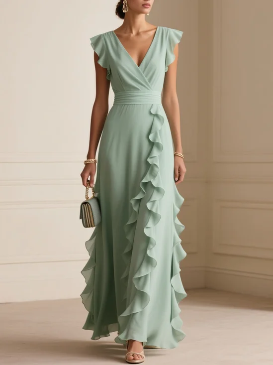 Light Green Ruffled Chiffon V Neck Cap Sleeve Ruffle Sleeve A-Line Maxi Dress