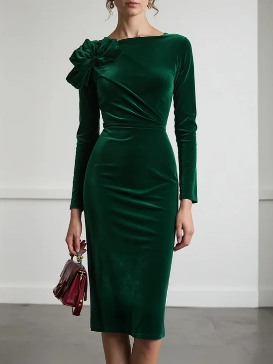Green 3D Floral Ruched Velvet Boat Neck Long Sleeve Sheath Midi Dress