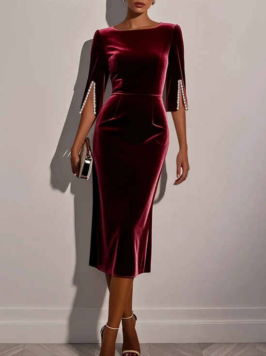Orange Red Imitation Pearls Velvet Boat Neck Half Sleeve Sheath Midi Dress