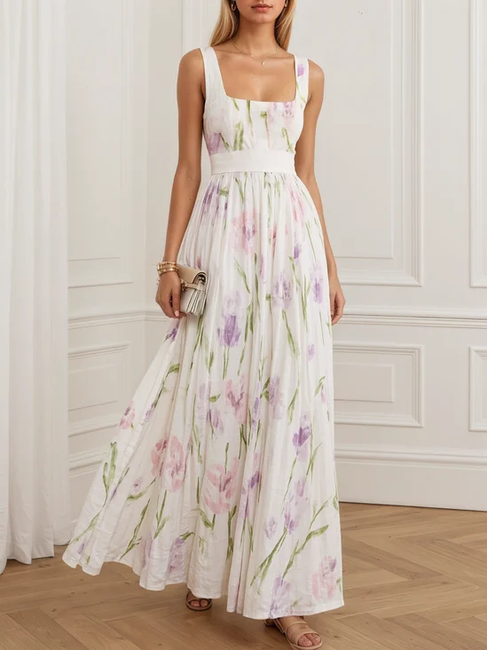 White Floral Linen Crew Neck Sleeveless A-Line Maxi Dress