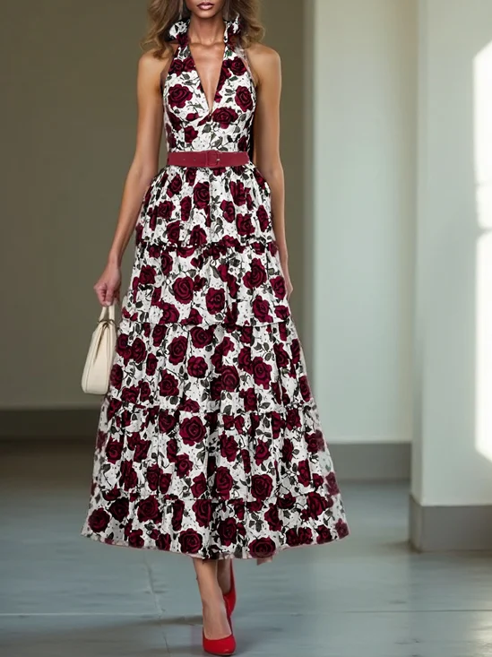 Wine Red Printing Ruffle Skirt Halter Sleeveless A-Line Maxi Dress