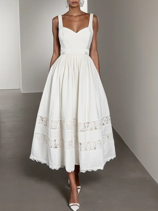 White Lace Beaded Spaghetti Sleeveless A-Line Midi Dress