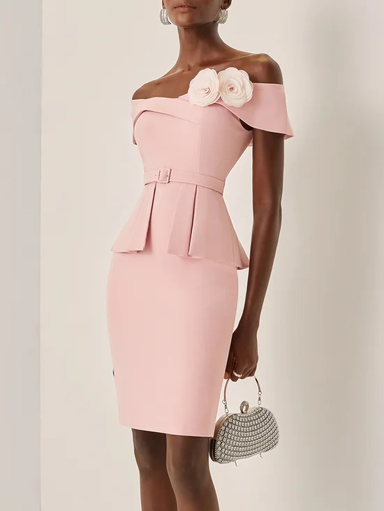 Pink 3D Floral Peplum V Neck Short Sleeve Sheath Midi Dress