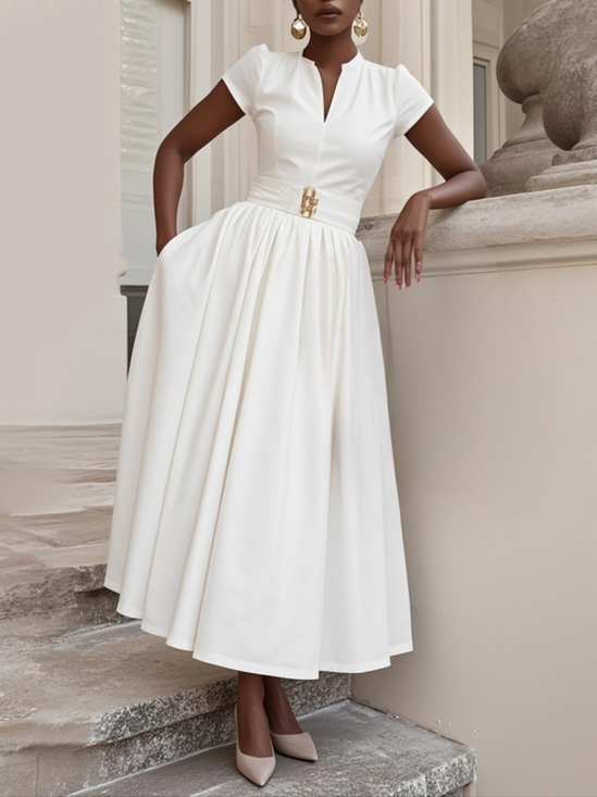 White Classic V Neck Short Sleeve A-Line Maxi Dress