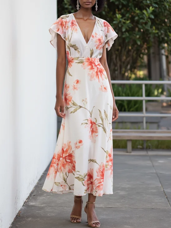 Orange Red Chiffon V Neck Short Sleeve Bell Sleeve A-Line Midi Dress