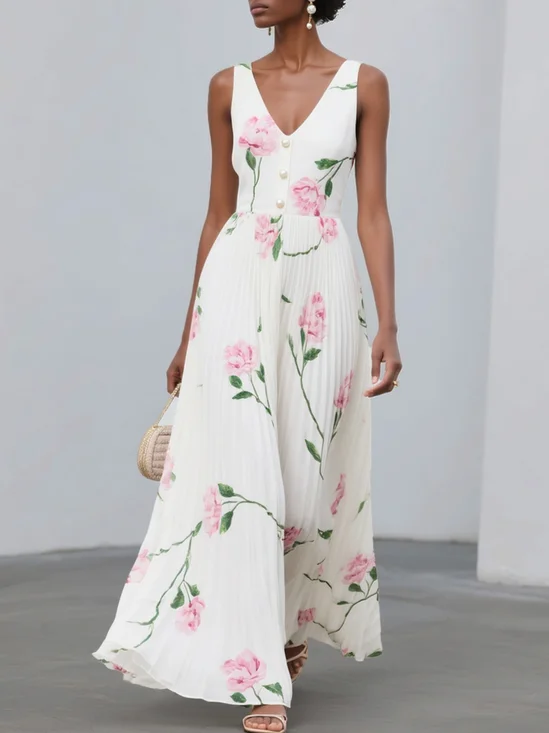 White Pleated Floral Chiffon V Neck Sleeveless A-Line Maxi Dress