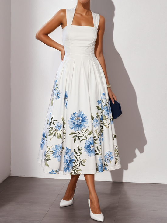 White Floral Classic Square Neck Sleeveless A-Line Midi Dress