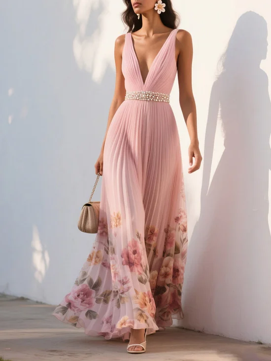 Pink Pleated Floral Deep V Neck A-Line Maxi Chiffon Dress