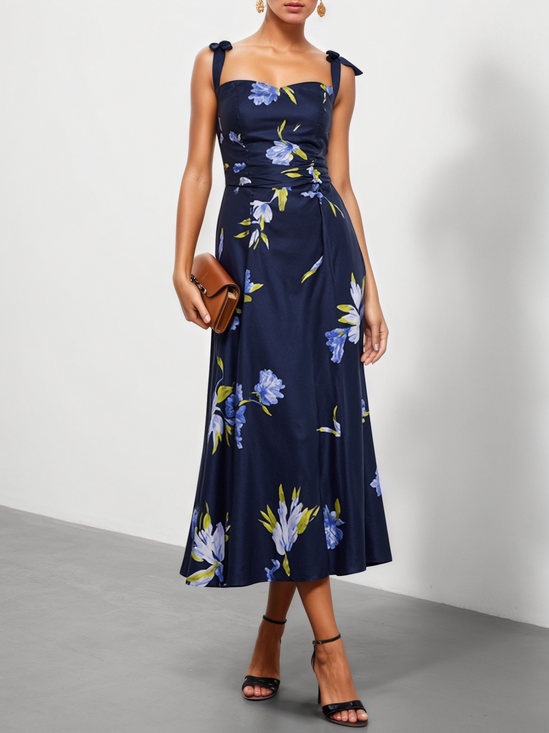 Purplish blue Bow Floral Classic Spaghetti Gallus A-Line Midi Dress