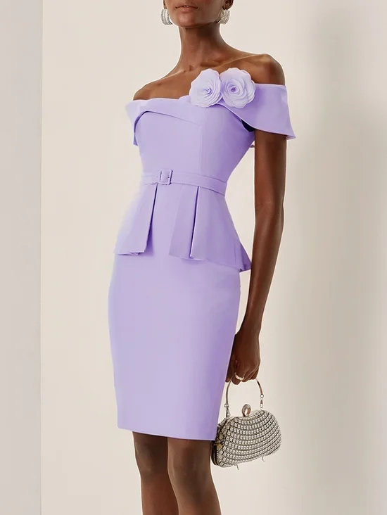 Pink 3D Floral Peplum V Neck Short Sleeve Sheath Midi Dress