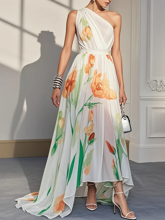White Floral Asymmetric Chiffon One Shoulder Sleeveless A-Line Midi Dress