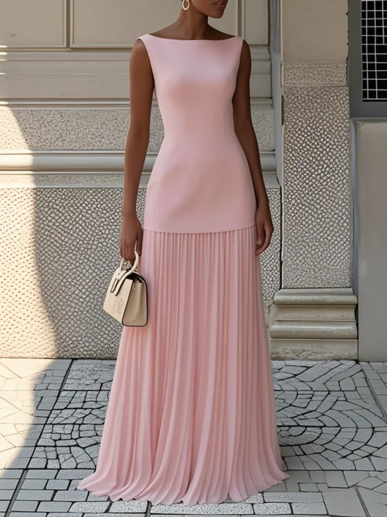 Pink Pleated Classic Boat Neck Sleeveless A-Line Gown Dress