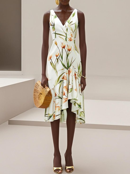 Off White Printing Asymmetric Satin V Neck Sleeveless Mermaid Midi Dress