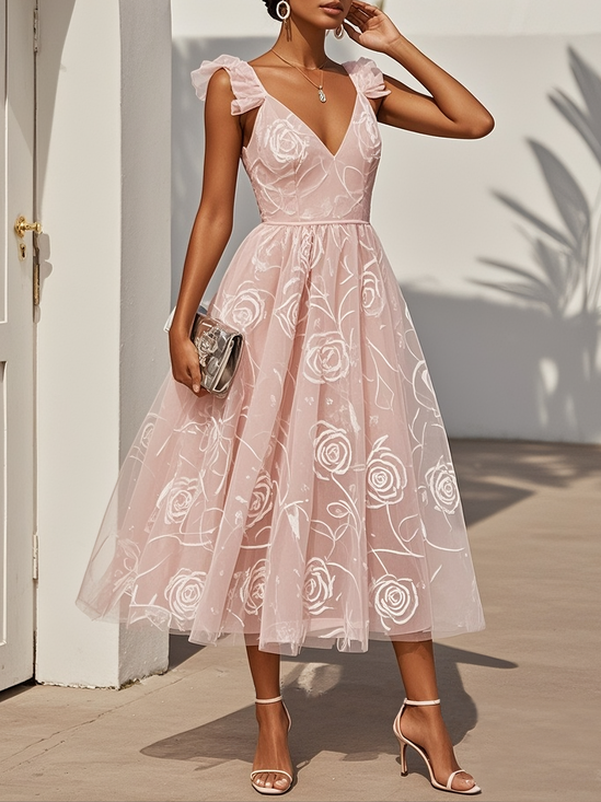 Light Pink Floral Ruffled Classic V Neck Sleeveless Ruffle Sleeve A-Line Midi Dress