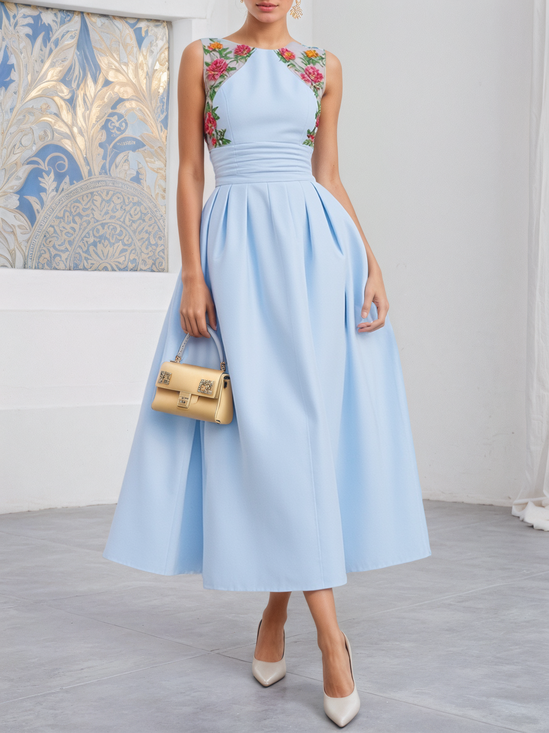 Light Blue Lace Ruched Classic Crew Neck Sleeveless A-Line Midi Dress