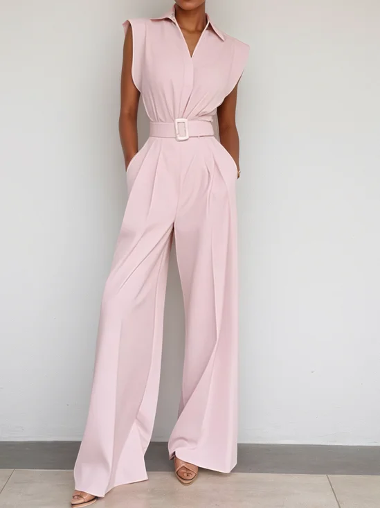 Urban Regular Fit Plain Shawl Collar Jumpsuit With Belt