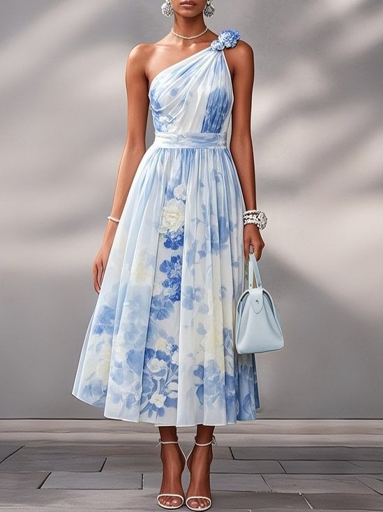Light Blue Floral Classic One Shoulder Sleeveless A-Line Midi Dress